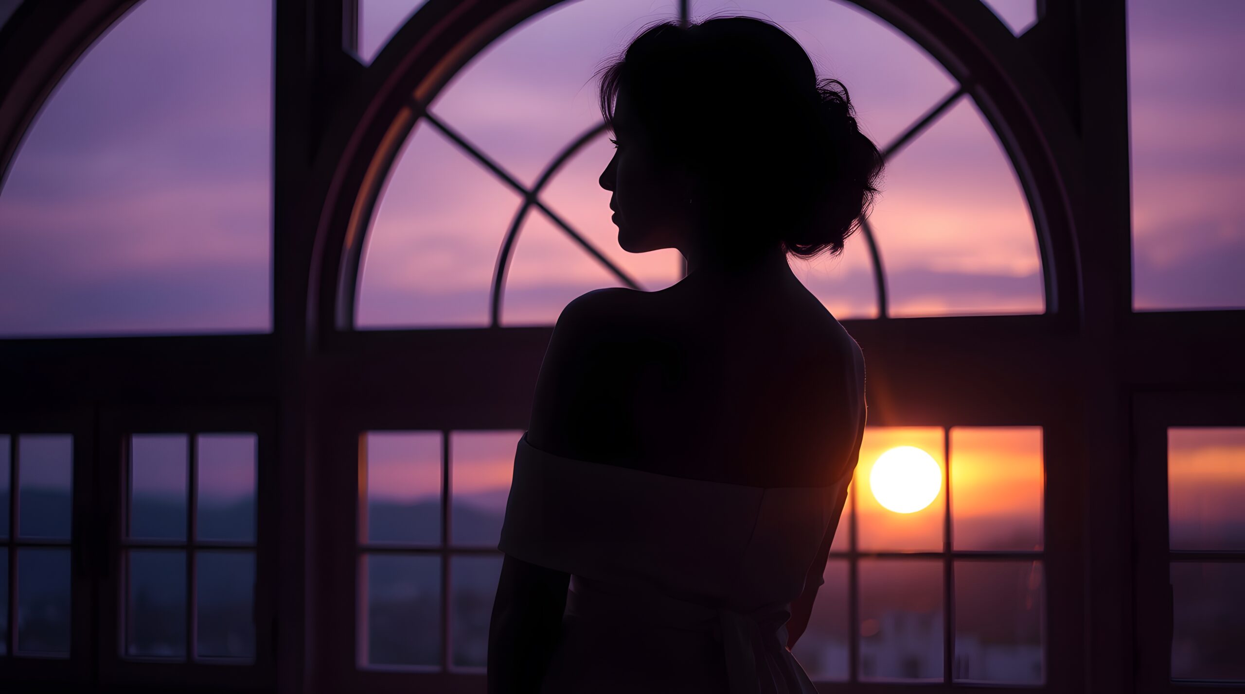 Woman Silhouette Gazing at Sunset Through Window Romantic and Peaceful